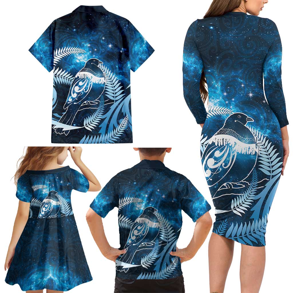New Zealand Matariki Family Matching Long Sleeve Bodycon Dress and Hawaiian Shirt Pigeon Kereru Maori Fern Art