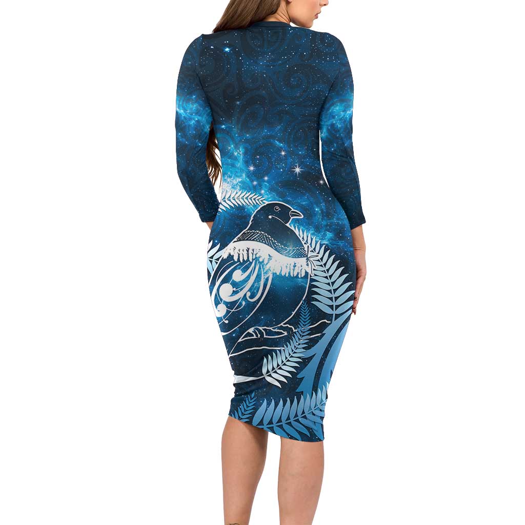 New Zealand Matariki Family Matching Long Sleeve Bodycon Dress and Hawaiian Shirt Pigeon Kereru Maori Fern Art
