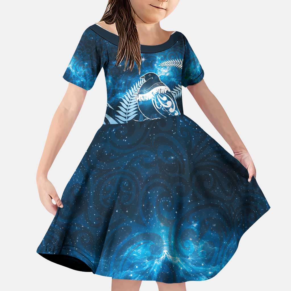 New Zealand Matariki Family Matching Off The Shoulder Long Sleeve Dress and Hawaiian Shirt Pigeon Kereru Maori Fern Art
