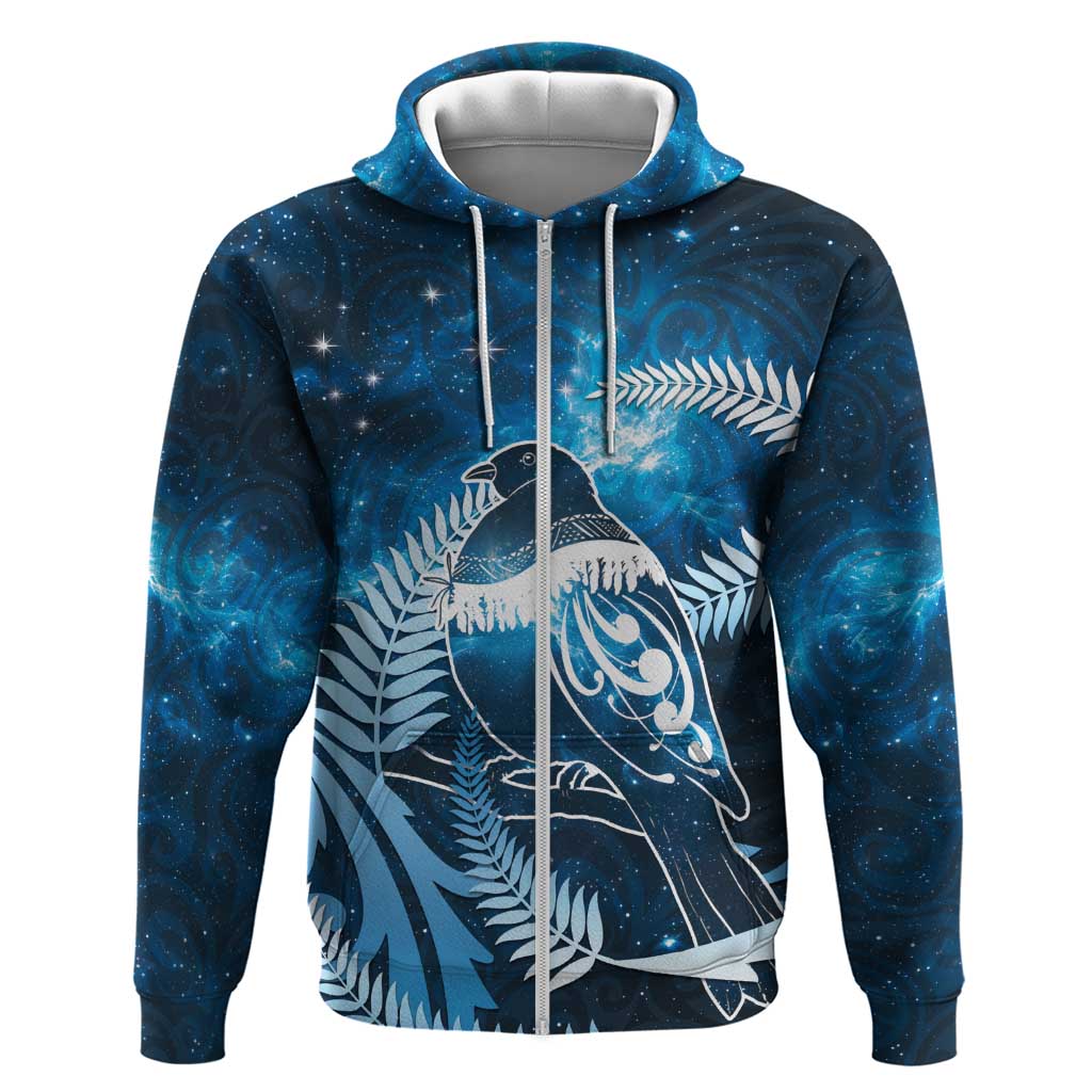 New Zealand Matariki Hoodie Pigeon Kereru Maori Fern Art LT05 Zip Hoodie Blue - Polynesian Pride