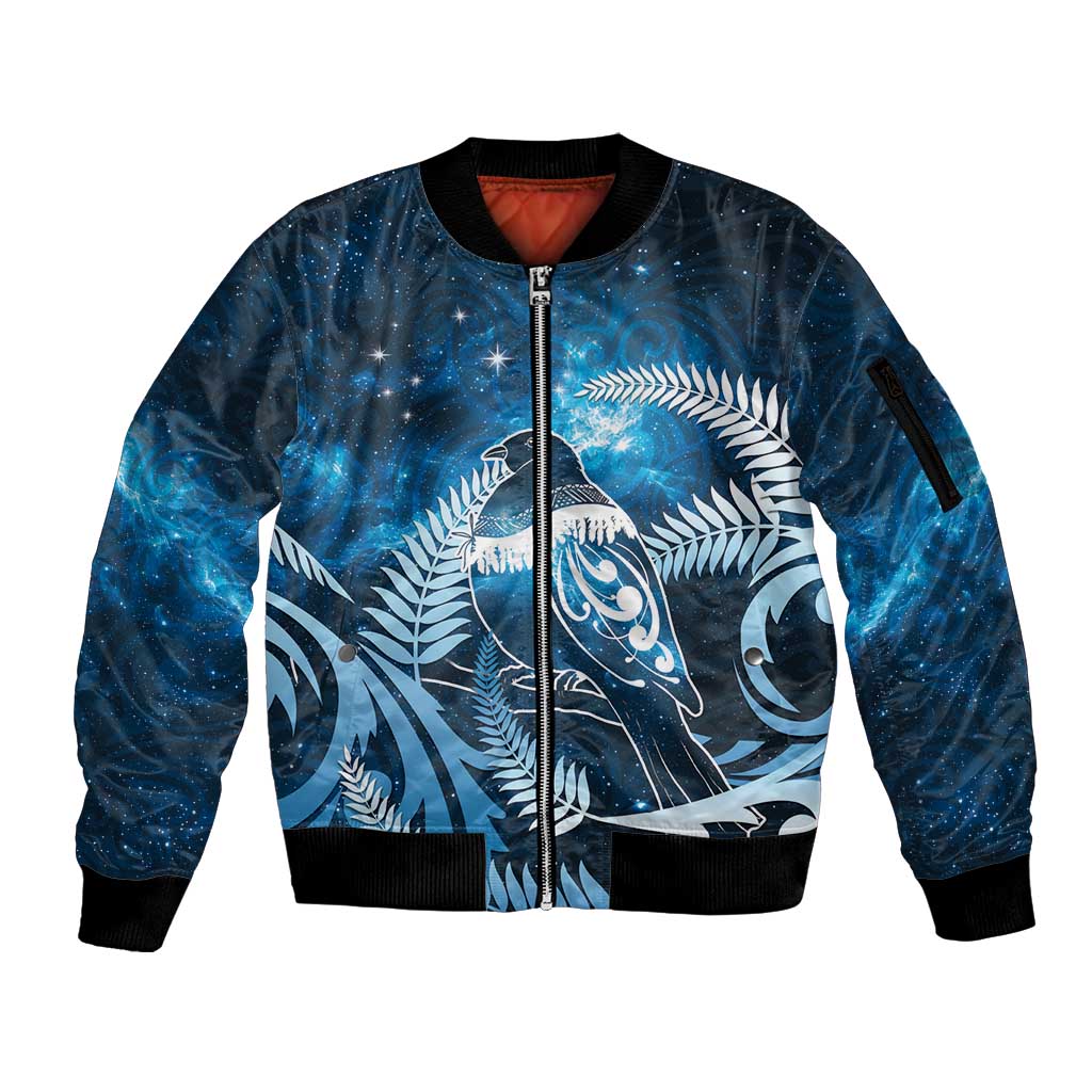 New Zealand Matariki Sleeve Zip Bomber Jacket Pigeon Kereru Maori Fern Art
