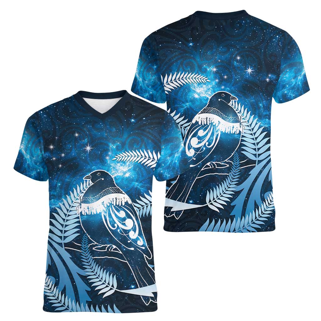 New Zealand Matariki Women V-Neck T-Shirt Pigeon Kereru Maori Fern Art