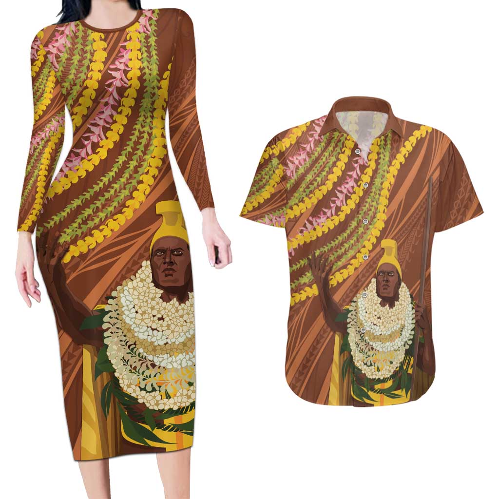 Hawaii King Kamehameha Couples Matching Long Sleeve Bodycon Dress and Hawaiian Shirt Hawaiian Kakau Pattern With Leis