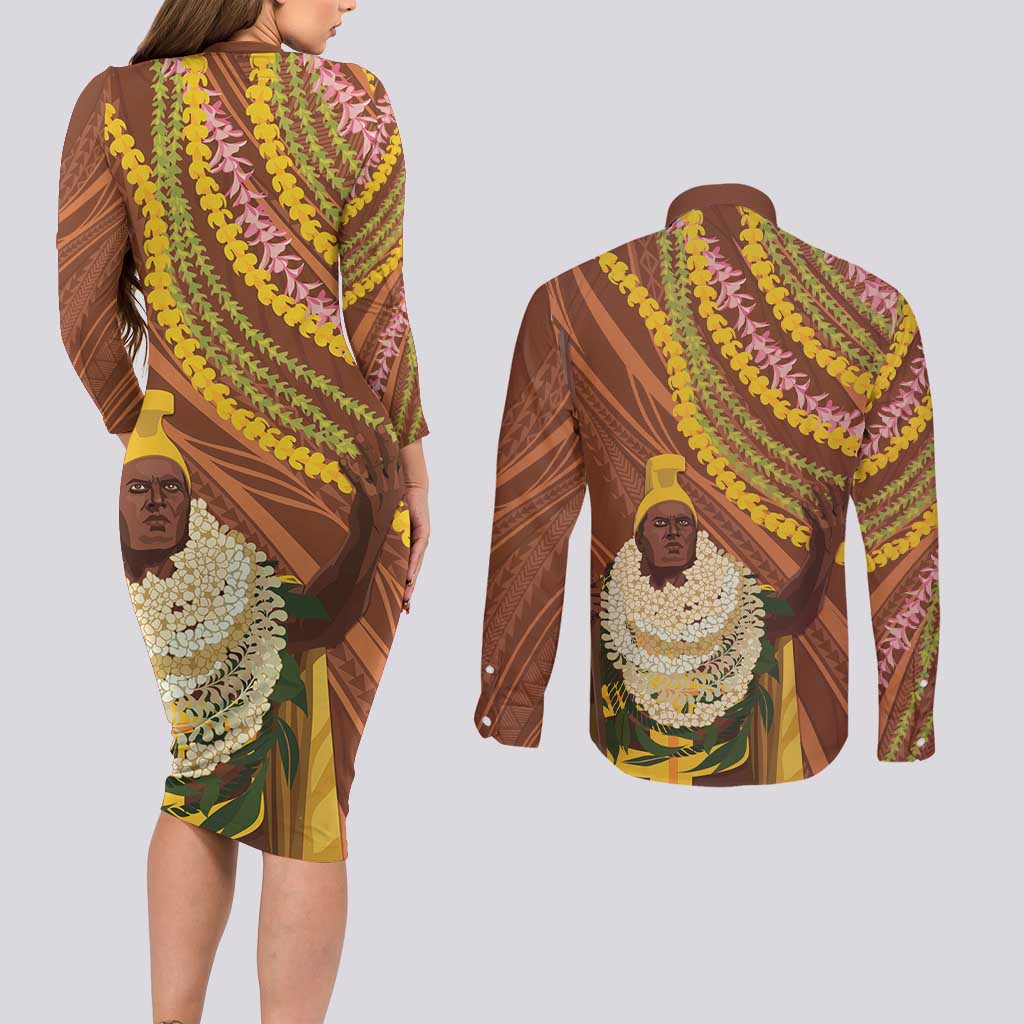 Hawaii King Kamehameha Couples Matching Long Sleeve Bodycon Dress and Long Sleeve Button Shirt Hawaiian Kakau Pattern With Leis