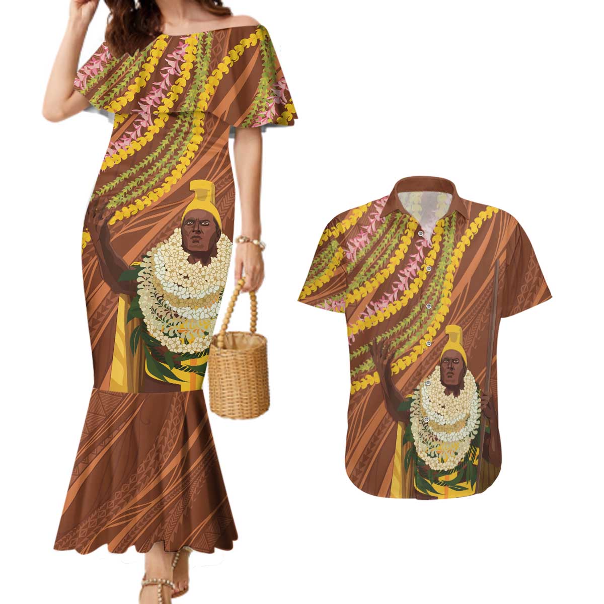 Hawaii King Kamehameha Couples Matching Mermaid Dress and Hawaiian Shirt Hawaiian Kakau Pattern With Leis