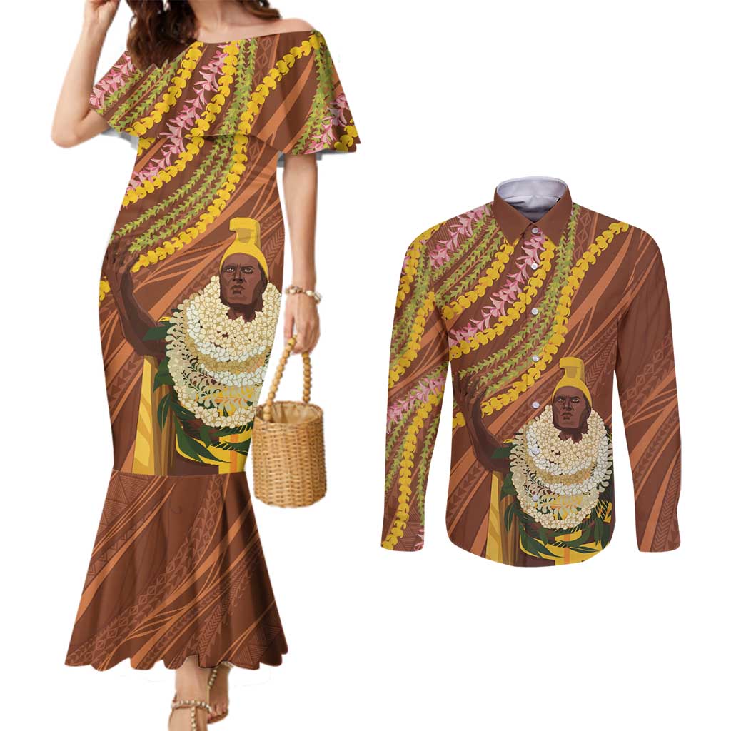 Hawaii King Kamehameha Couples Matching Mermaid Dress and Long Sleeve Button Shirt Hawaiian Kakau Pattern With Leis