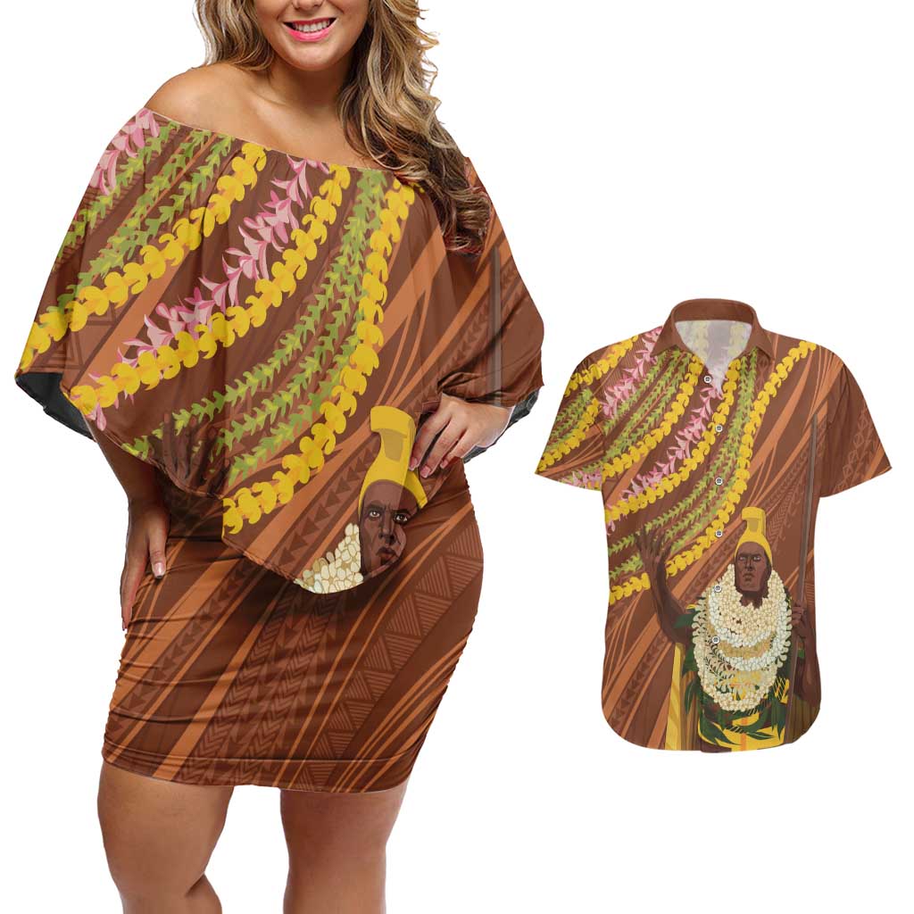 Hawaii King Kamehameha Couples Matching Off Shoulder Short Dress and Hawaiian Shirt Hawaiian Kakau Pattern With Leis