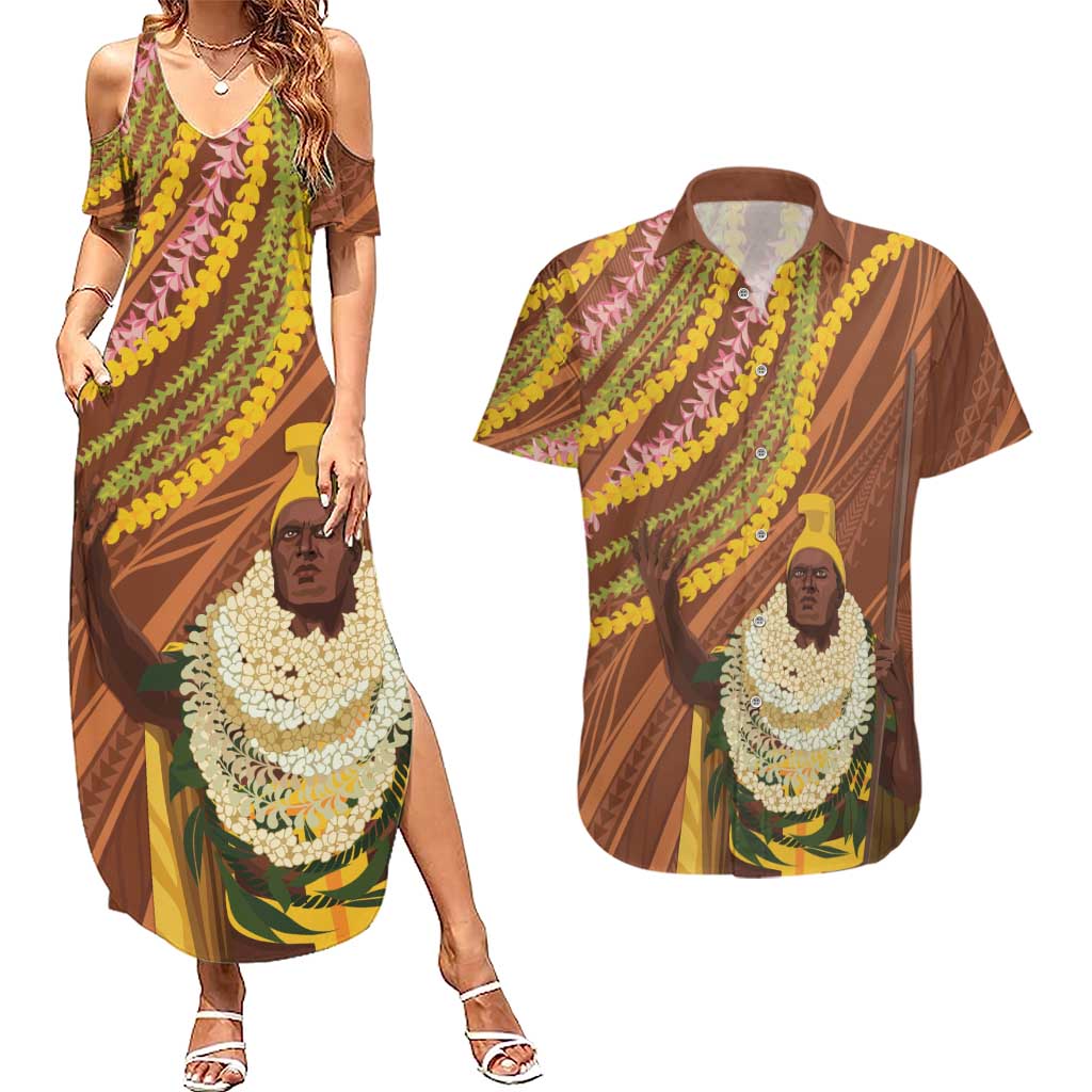 Hawaii King Kamehameha Couples Matching Summer Maxi Dress and Hawaiian Shirt Hawaiian Kakau Pattern With Leis