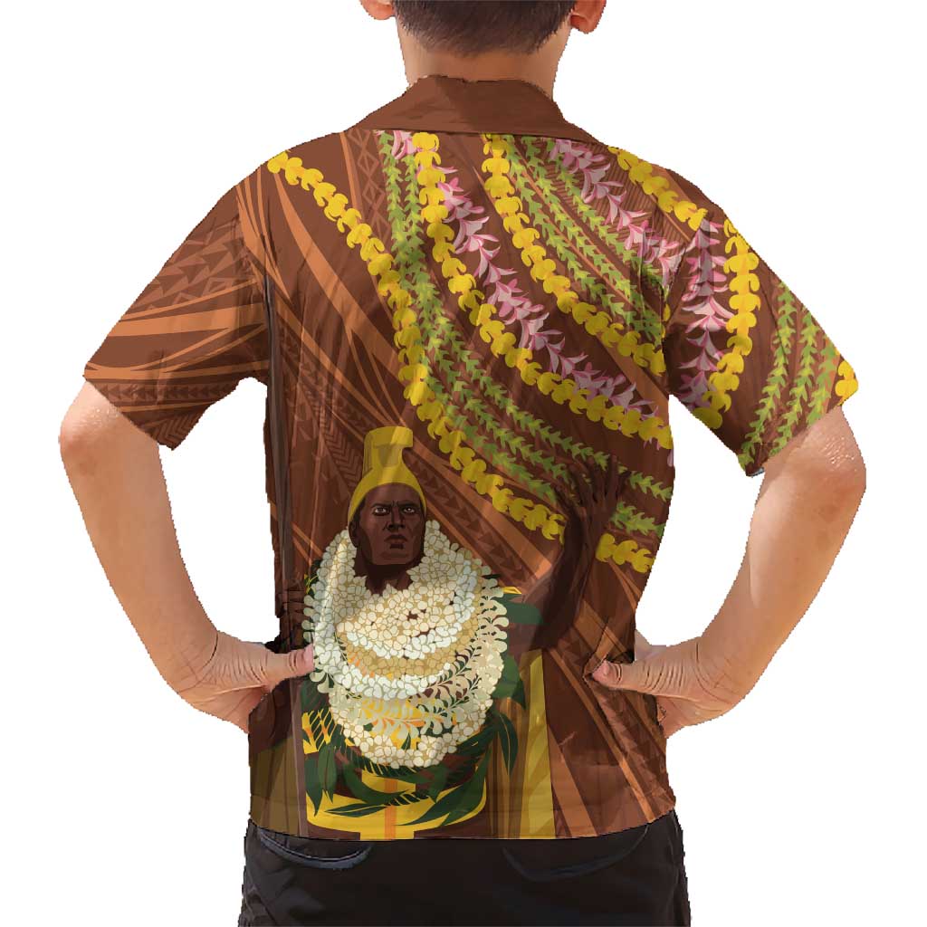 Hawaii King Kamehameha Family Matching Off Shoulder Short Dress and Hawaiian Shirt Hawaiian Kakau Pattern With Leis