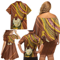 Hawaii King Kamehameha Family Matching Off Shoulder Short Dress and Hawaiian Shirt Hawaiian Kakau Pattern With Leis
