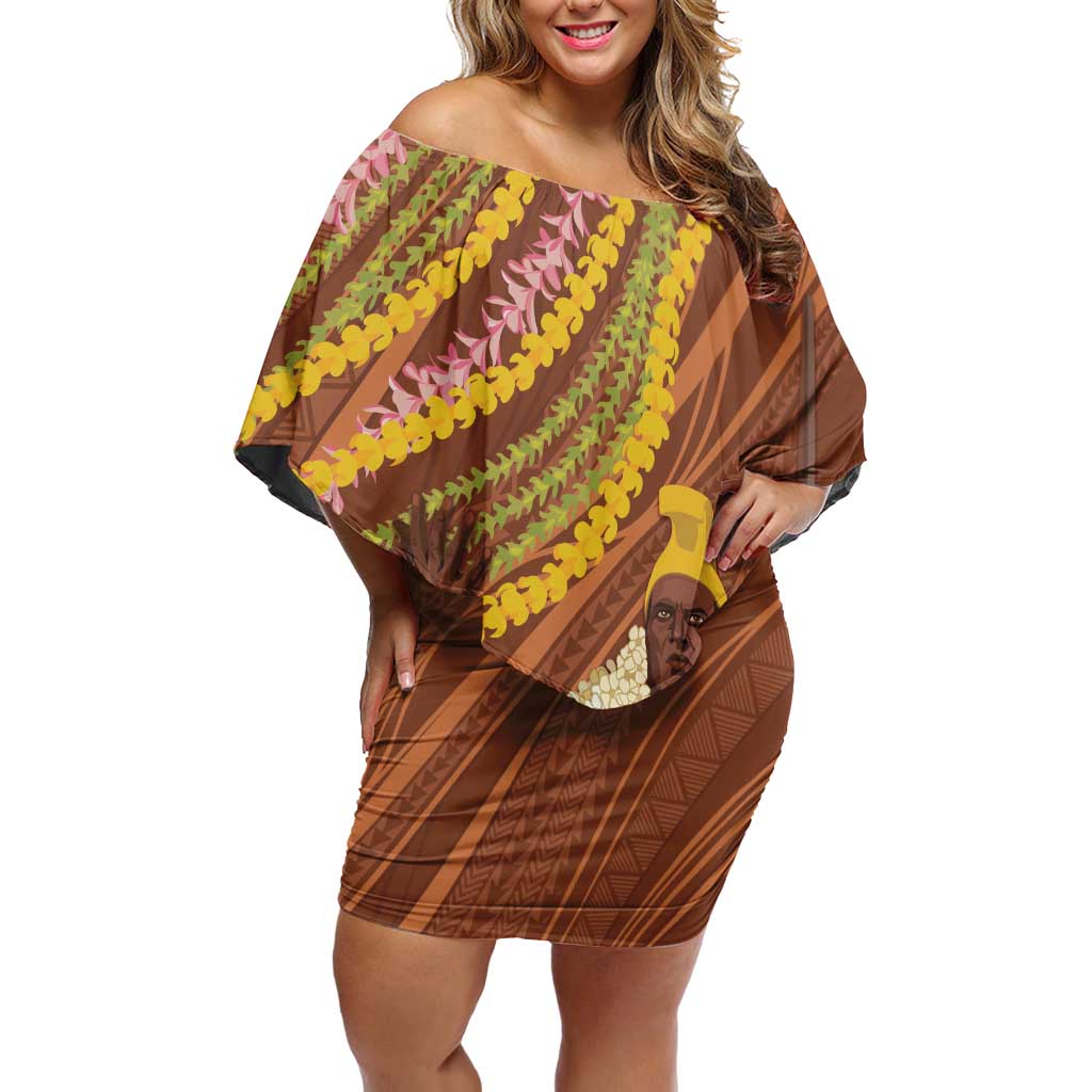 Hawaii King Kamehameha Family Matching Off Shoulder Short Dress and Hawaiian Shirt Hawaiian Kakau Pattern With Leis