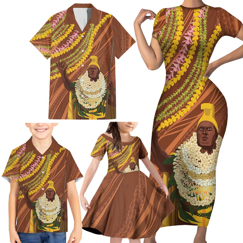 Hawaii King Kamehameha Family Matching Short Sleeve Bodycon Dress and Hawaiian Shirt Hawaiian Kakau Pattern With Leis