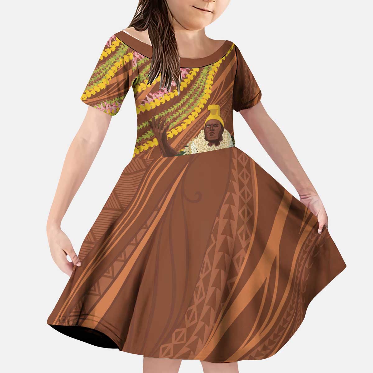 Hawaii King Kamehameha Kid Short Sleeve Dress Hawaiian Kakau Pattern With Leis