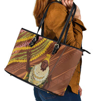 Hawaii King Kamehameha Leather Tote Bag Hawaiian Kakau Pattern With Leis