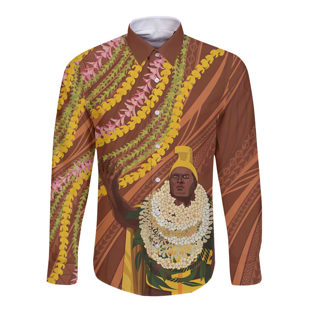Hawaii King Kamehameha Long Sleeve Button Shirt Hawaiian Kakau Pattern With Leis