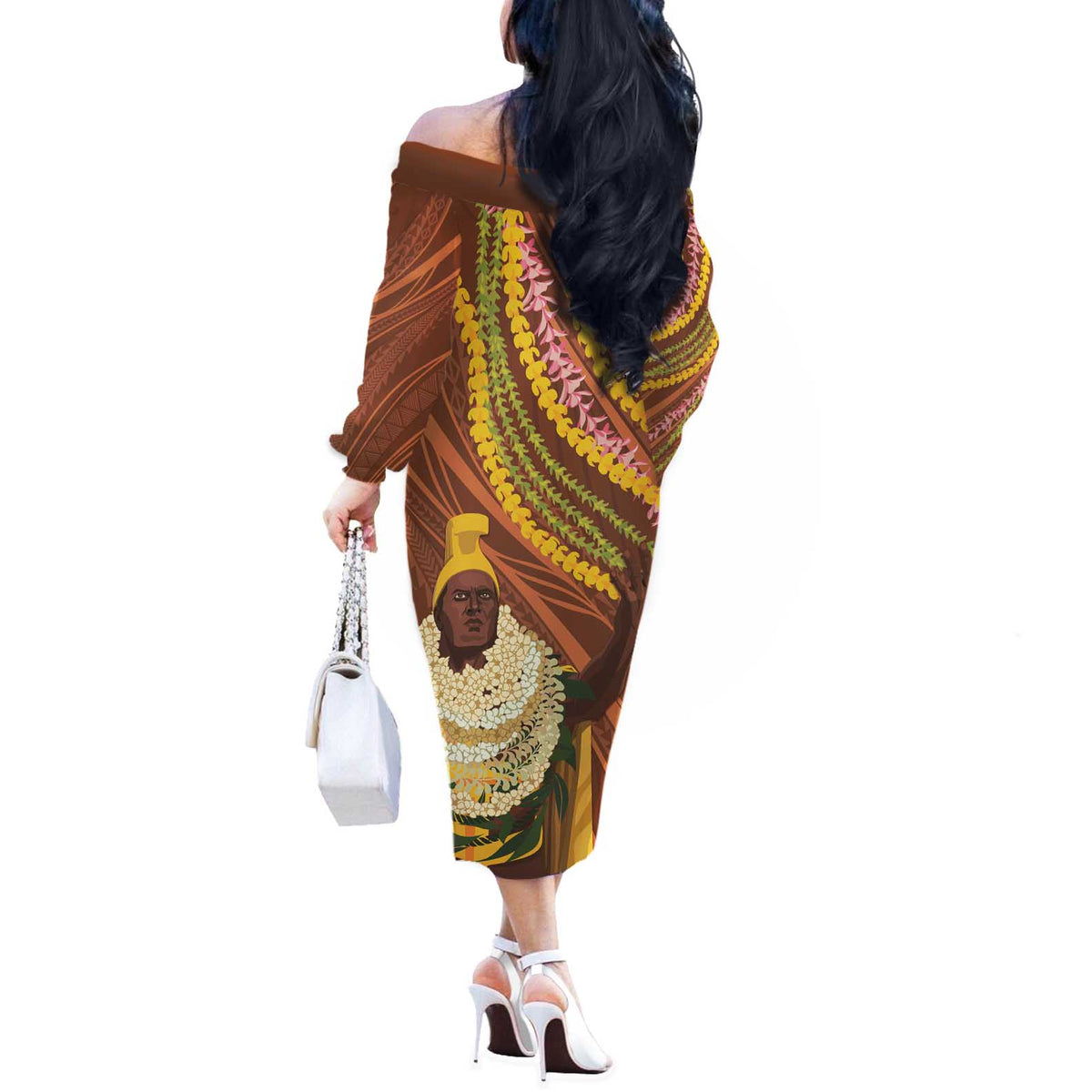 Hawaii King Kamehameha Off The Shoulder Long Sleeve Dress Hawaiian Kakau Pattern With Leis LT05 - Polynesian Pride