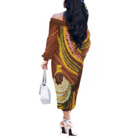 Hawaii King Kamehameha Off The Shoulder Long Sleeve Dress Hawaiian Kakau Pattern With Leis LT05 - Polynesian Pride