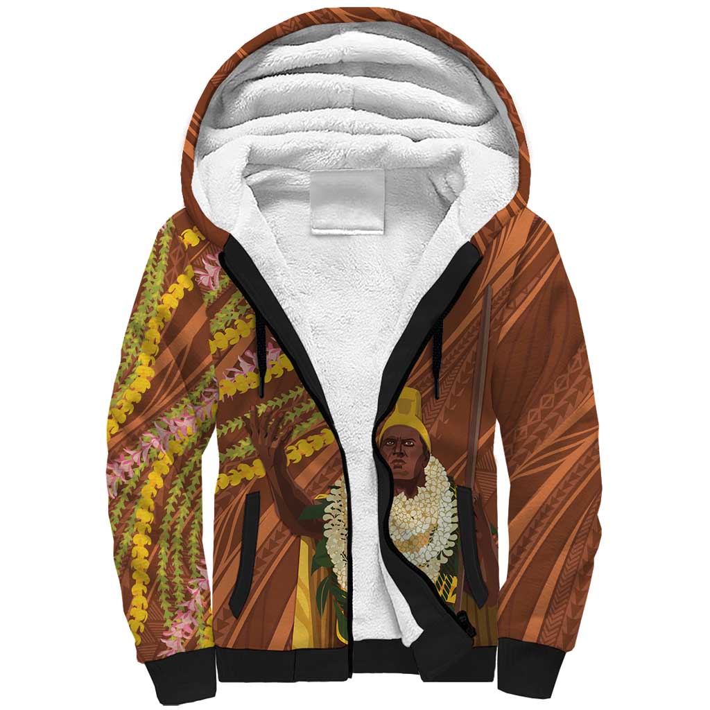Hawaii King Kamehameha Sherpa Hoodie Hawaiian Kakau Pattern With Leis