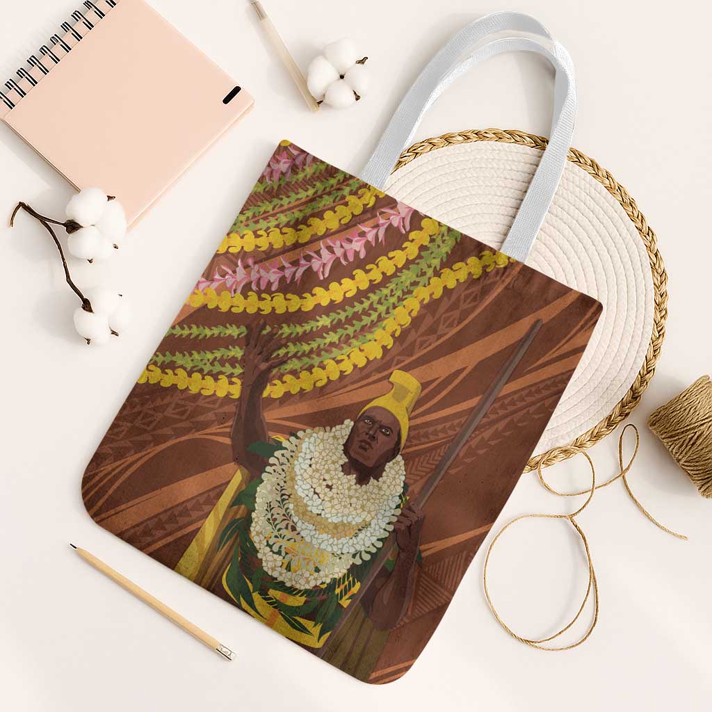 Hawaii King Kamehameha Tote Bag Hawaiian Kakau Pattern With Leis
