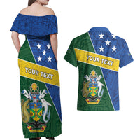 Personalised Solomon Islands Independence Day Couples Matching Off Shoulder Maxi Dress and Hawaiian Shirt With Coat Of Arms