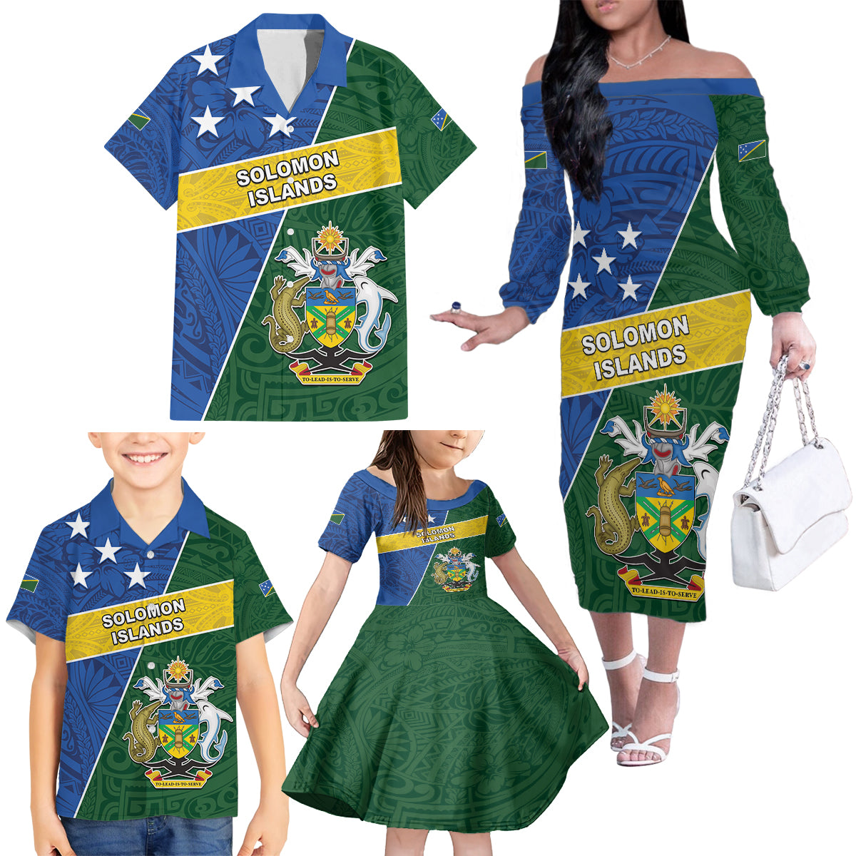 Personalised Solomon Islands Independence Day Family Matching Off The Shoulder Long Sleeve Dress and Hawaiian Shirt With Coat Of Arms
