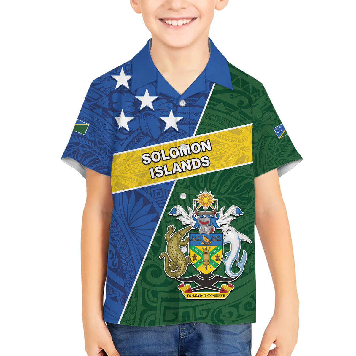 Personalised Solomon Islands Independence Day Family Matching Short Sleeve Bodycon Dress and Hawaiian Shirt With Coat Of Arms LT05 Son's Shirt Green - Polynesian Pride