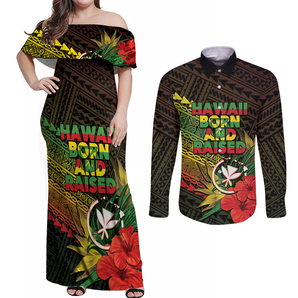Personalized Hawaii Born and Raised Couples Matching Off Shoulder Maxi Dress and Long Sleeve Button Shirt Kanaka Maoli Flag Day LT05 Reggae - Polynesian Pride
