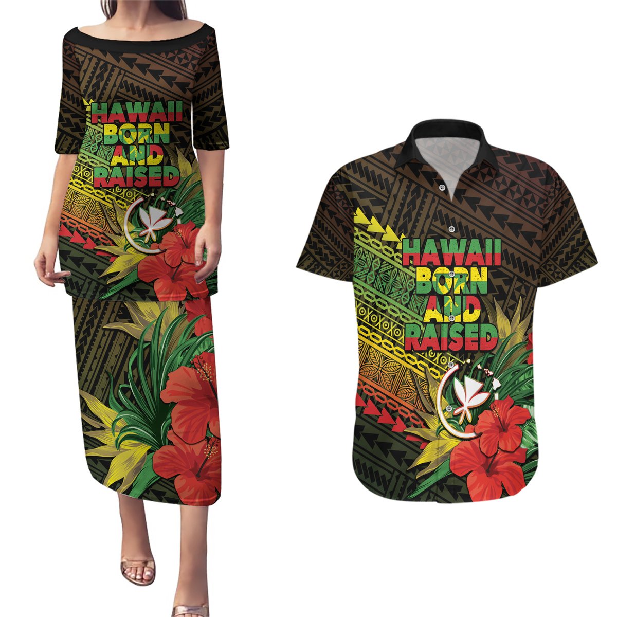Personalized Hawaii Born and Raised Couples Matching Puletasi and Hawaiian Shirt Kanaka Maoli Flag Day LT05 Reggae - Polynesian Pride
