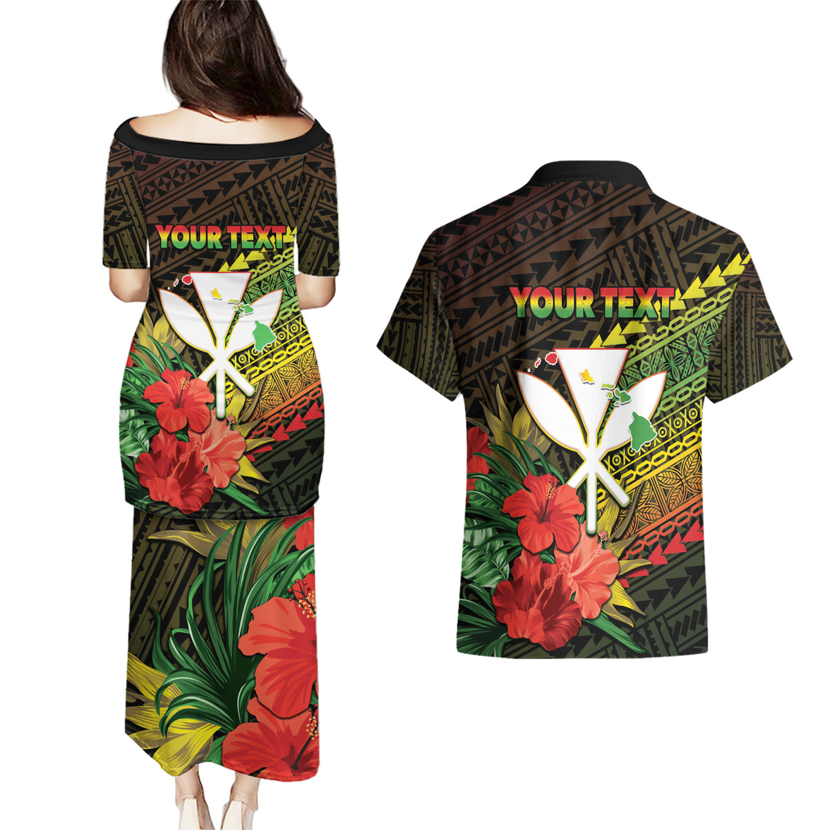 Personalized Hawaii Born and Raised Couples Matching Puletasi and Hawaiian Shirt Kanaka Maoli Flag Day