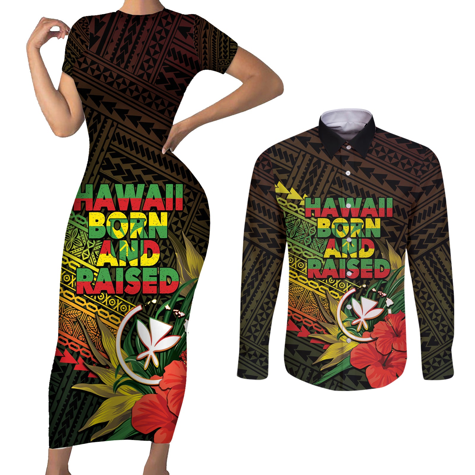 Personalized Hawaii Born and Raised Couples Matching Short Sleeve Bodycon Dress and Long Sleeve Button Shirt Kanaka Maoli Flag Day LT05 Reggae - Polynesian Pride