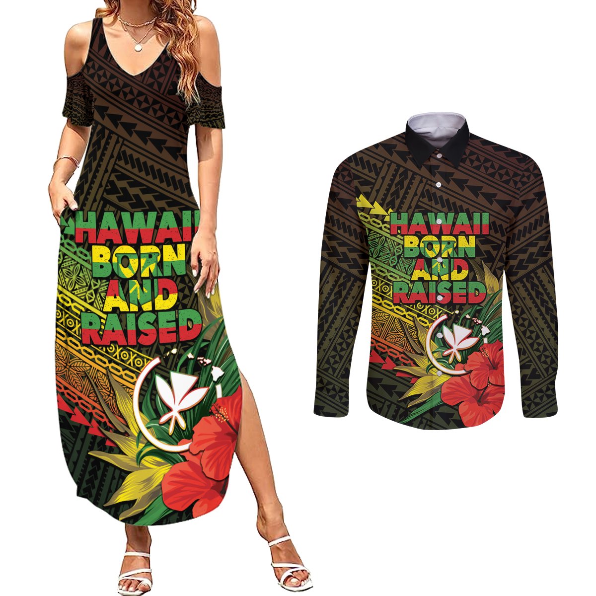 Personalized Hawaii Born and Raised Couples Matching Summer Maxi Dress and Long Sleeve Button Shirt Kanaka Maoli Flag Day LT05 Reggae - Polynesian Pride