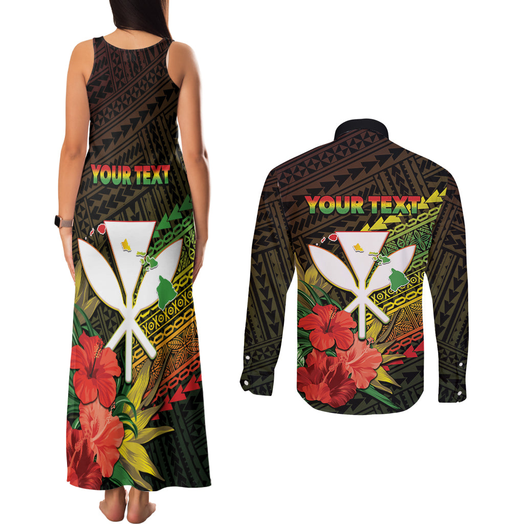 Personalized Hawaii Born and Raised Couples Matching Tank Maxi Dress and Long Sleeve Button Shirt Kanaka Maoli Flag Day