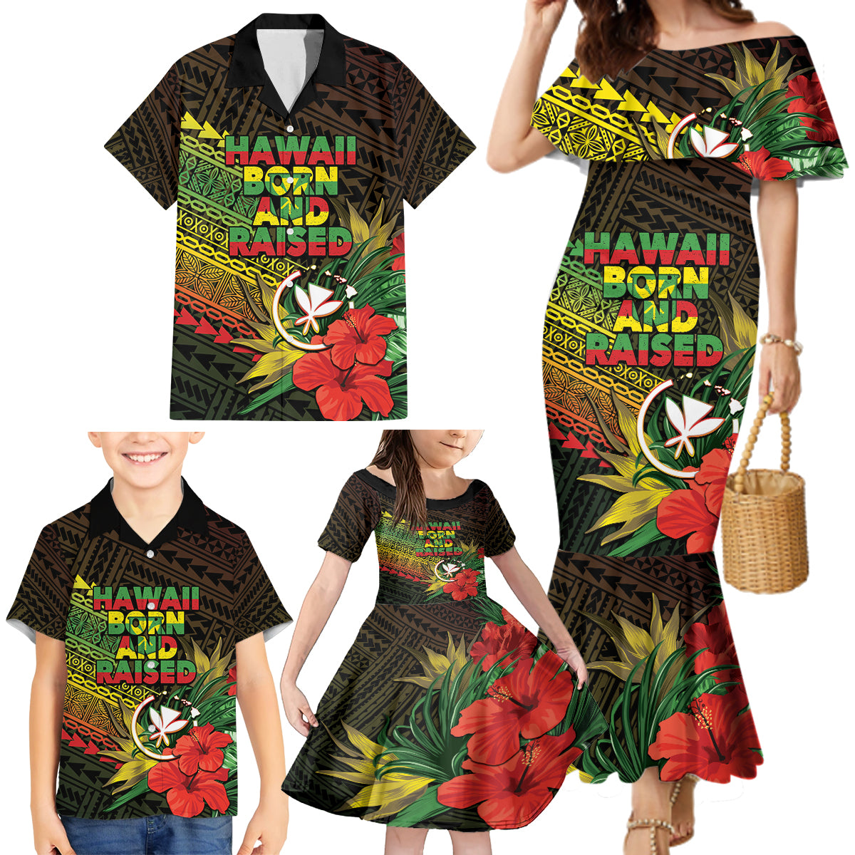 Personalized Hawaii Born and Raised Family Matching Mermaid Dress and Hawaiian Shirt Kanaka Maoli Flag Day