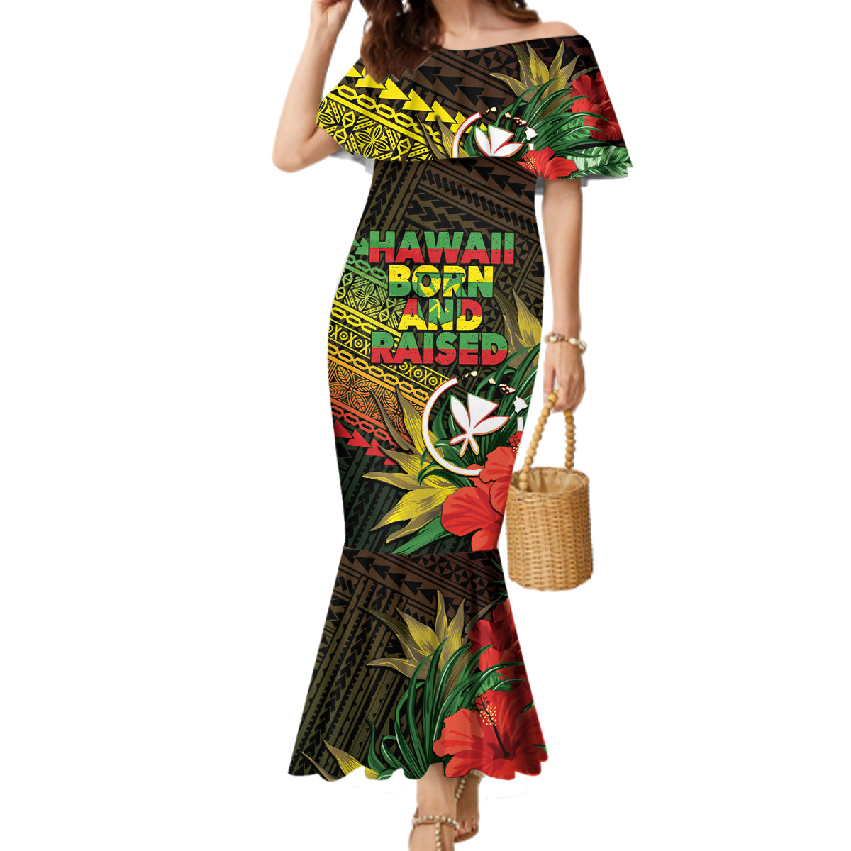 Personalized Hawaii Born and Raised Family Matching Mermaid Dress and Hawaiian Shirt Kanaka Maoli Flag Day