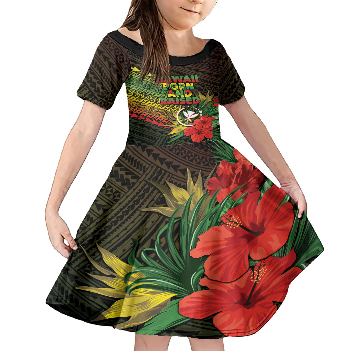 Personalized Hawaii Born and Raised Family Matching Off Shoulder Short Dress and Hawaiian Shirt Kanaka Maoli Flag Day LT05 Daughter's Dress Reggae - Polynesian Pride