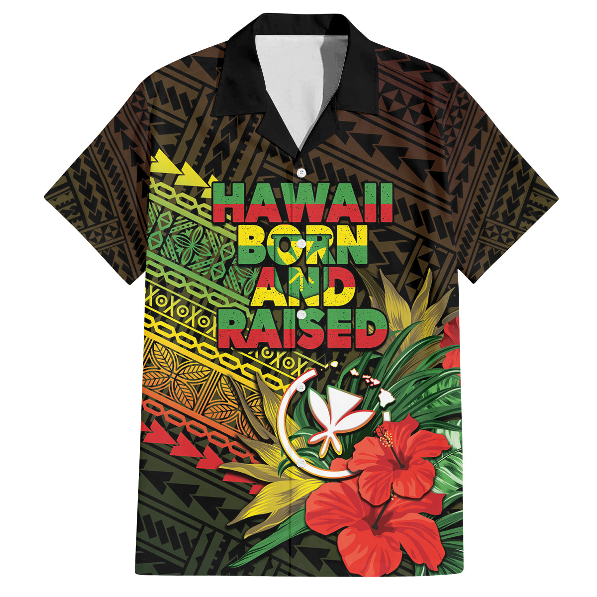 Personalized Hawaii Born and Raised Family Matching Off Shoulder Short Dress and Hawaiian Shirt Kanaka Maoli Flag Day LT05 Dad's Shirt - Short Sleeve Reggae - Polynesian Pride