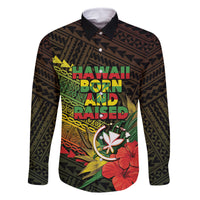 Personalized Hawaii Born and Raised Family Matching Off Shoulder Short Dress and Hawaiian Shirt Kanaka Maoli Flag Day LT05 Dad's Shirt - Long Sleeve Reggae - Polynesian Pride