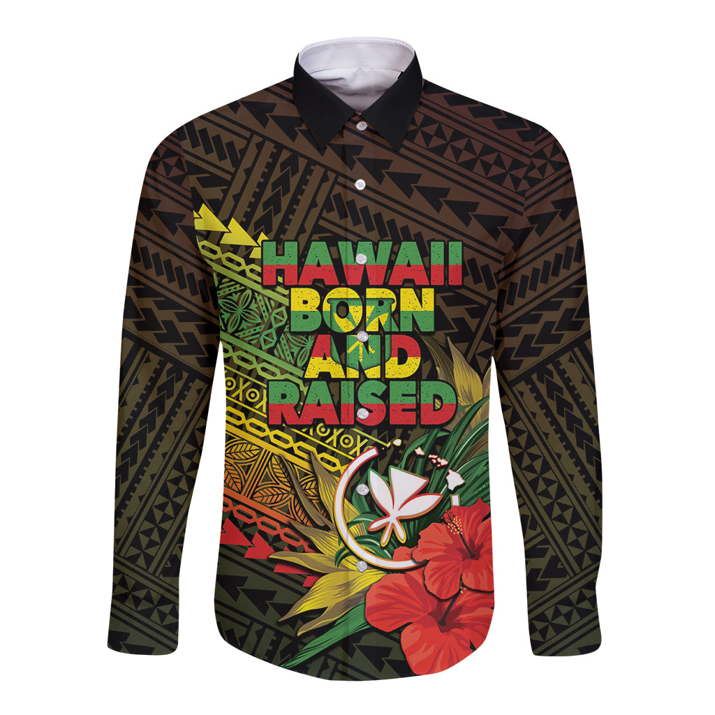 Personalized Hawaii Born and Raised Long Sleeve Button Shirt Kanaka Maoli Flag Day
