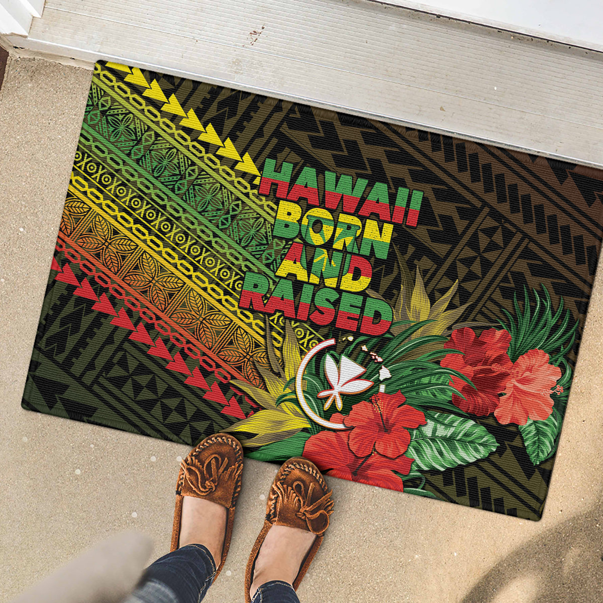 Hawaii Born and Raised Rubber Doormat Kanaka Maoli Flag Day