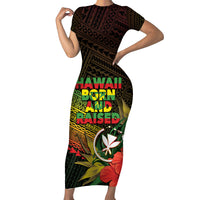 Personalized Hawaii Born and Raised Short Sleeve Bodycon Dress Kanaka Maoli Flag Day