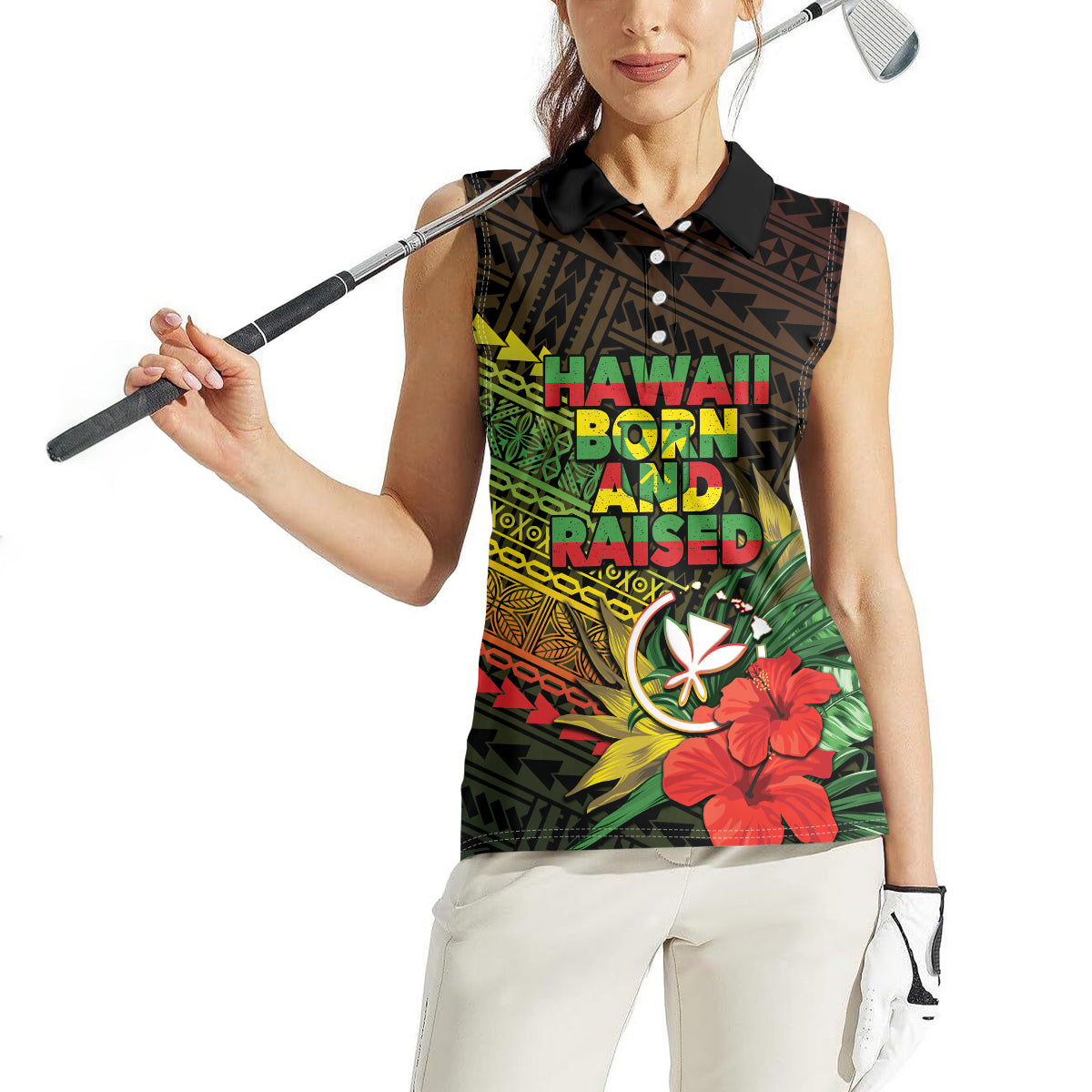Personalized Hawaii Born and Raised Women Sleeveless Polo Shirt Kanaka Maoli Flag Day