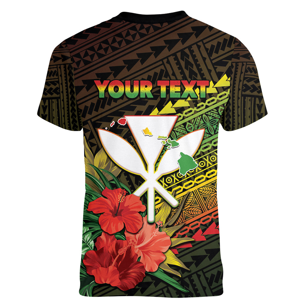 Personalized Hawaii Born and Raised Women V-Neck T-Shirt Kanaka Maoli Flag Day