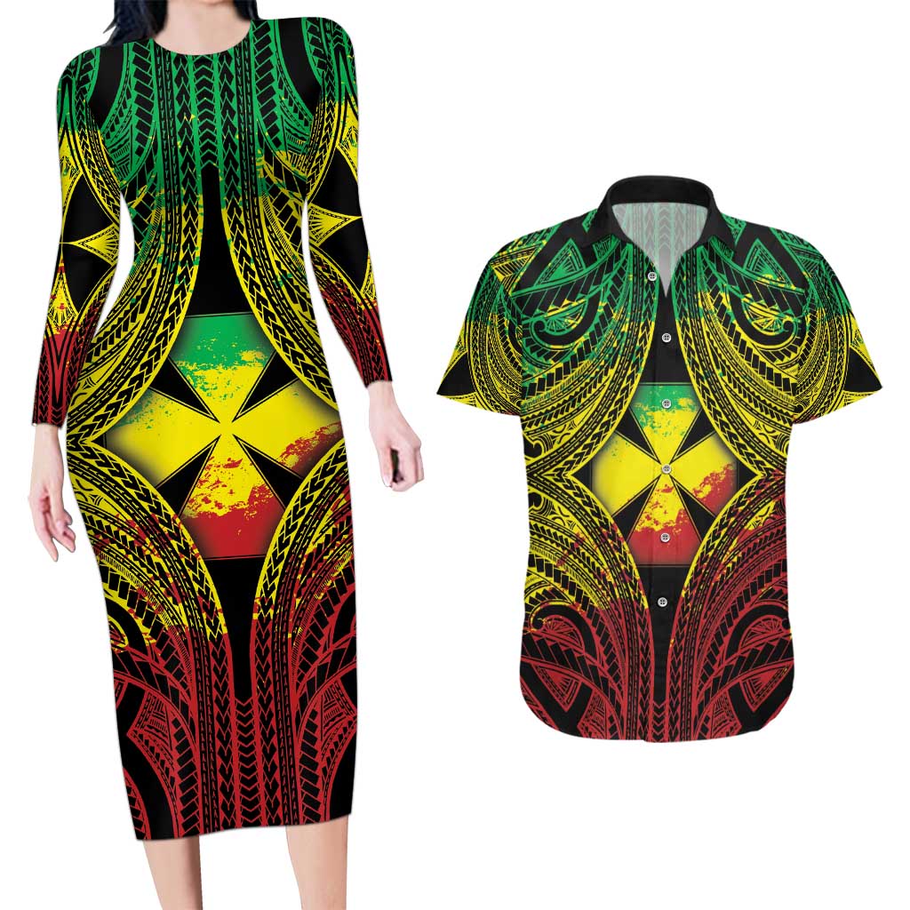 Personalised Wallis and Futuna Territory Day Couples Matching Long Sleeve Bodycon Dress and Hawaiian Shirt Polynesian Pattern Simple Style LT05 Reggae - Polynesian Pride