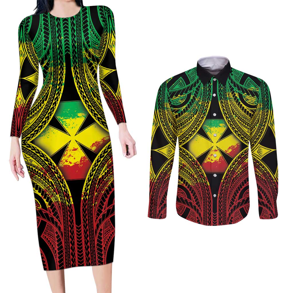 Personalised Wallis and Futuna Territory Day Couples Matching Long Sleeve Bodycon Dress and Long Sleeve Button Shirt Polynesian Pattern Simple Style LT05 Reggae - Polynesian Pride