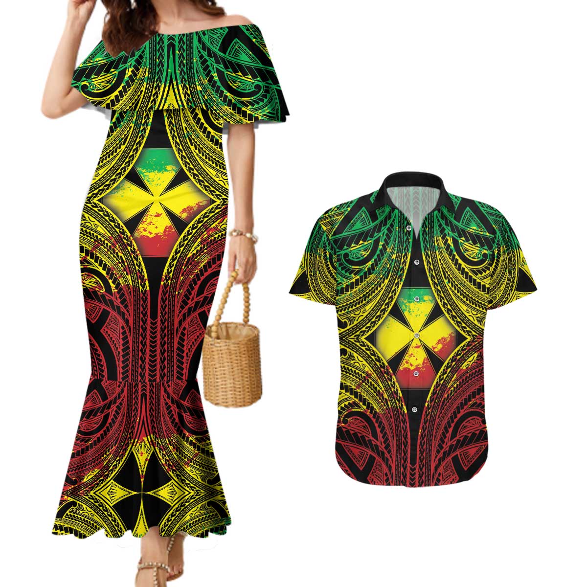 Personalised Wallis and Futuna Territory Day Couples Matching Mermaid Dress and Hawaiian Shirt Polynesian Pattern Simple Style LT05 Reggae - Polynesian Pride
