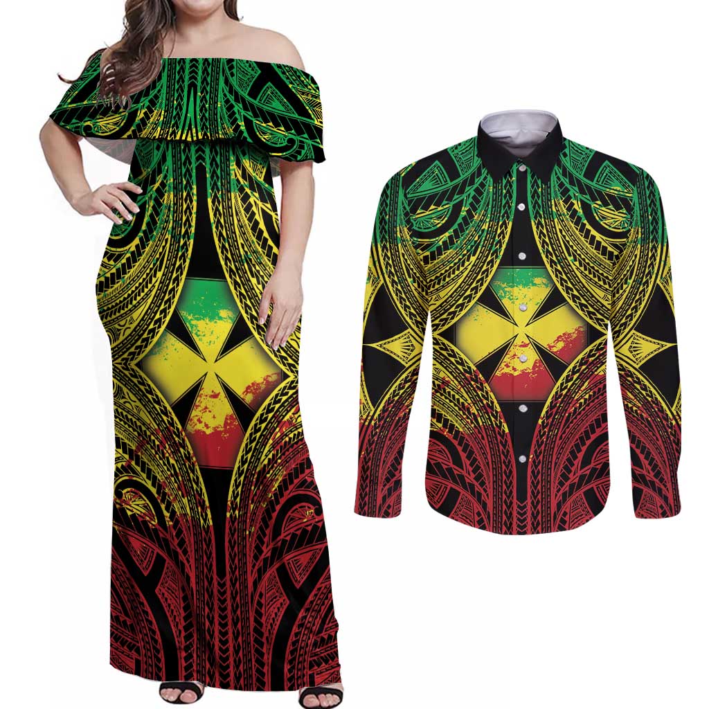 Personalised Wallis and Futuna Territory Day Couples Matching Off Shoulder Maxi Dress and Long Sleeve Button Shirt Polynesian Pattern Simple Style LT05 Reggae - Polynesian Pride
