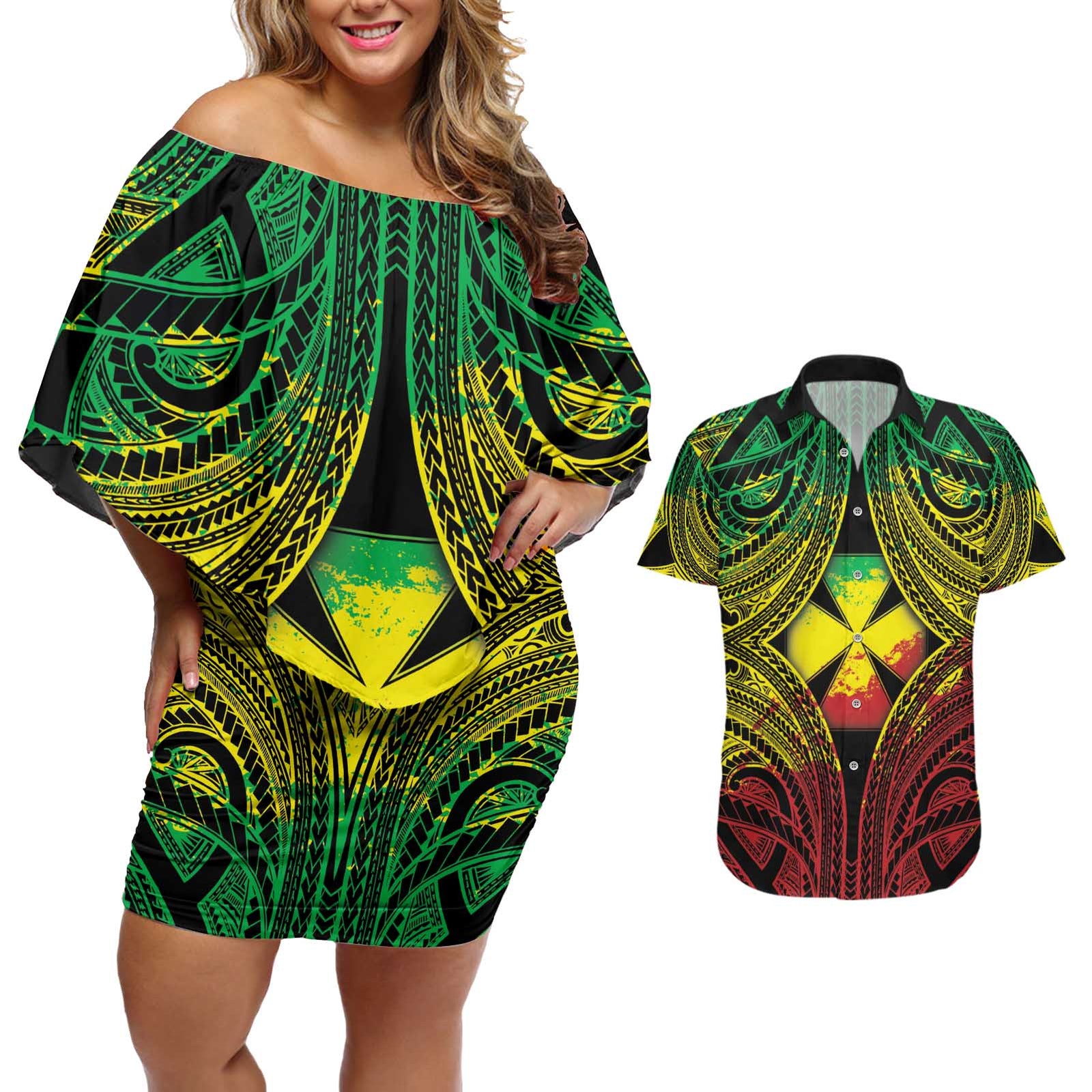 Personalised Wallis and Futuna Territory Day Couples Matching Off Shoulder Short Dress and Hawaiian Shirt Polynesian Pattern Simple Style LT05 Reggae - Polynesian Pride