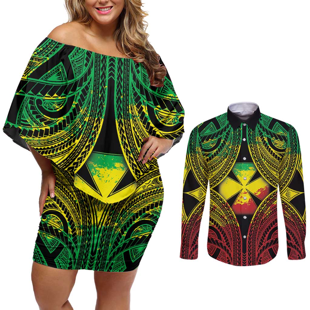 Personalised Wallis and Futuna Territory Day Couples Matching Off Shoulder Short Dress and Long Sleeve Button Shirt Polynesian Pattern Simple Style LT05 Reggae - Polynesian Pride