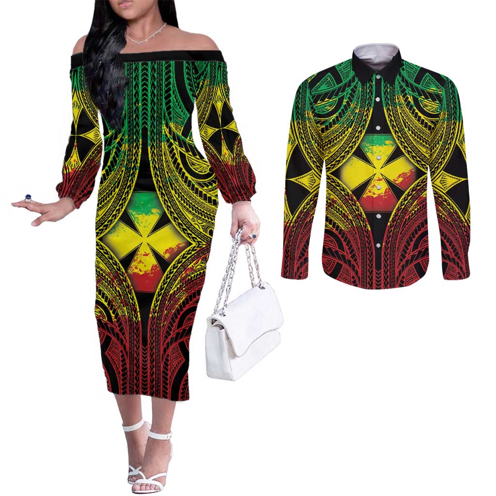 Personalised Wallis and Futuna Territory Day Couples Matching Off The Shoulder Long Sleeve Dress and Long Sleeve Button Shirt Polynesian Pattern Simple Style LT05 Reggae - Polynesian Pride