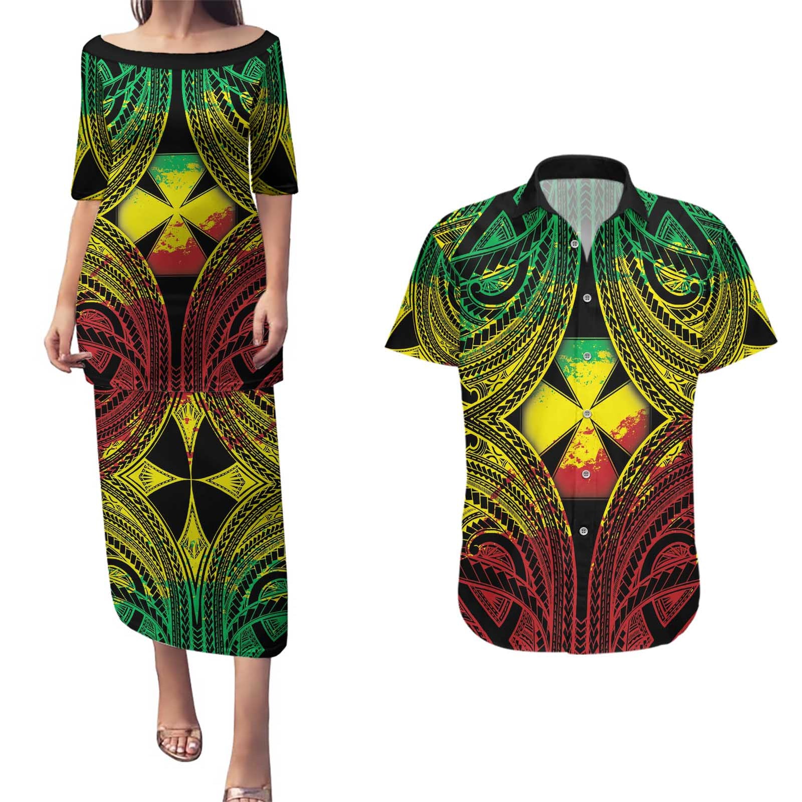 Personalised Wallis and Futuna Territory Day Couples Matching Puletasi and Hawaiian Shirt Polynesian Pattern Simple Style LT05 Reggae - Polynesian Pride